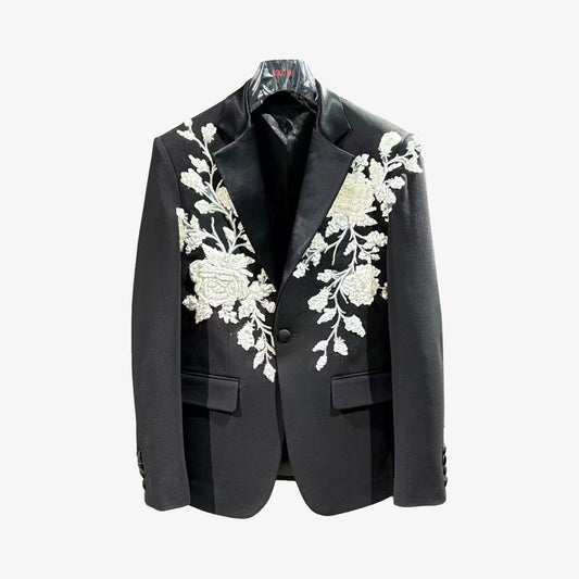 Handmade Custom-tailored Black Suit with White Floral Sequin Embroidery