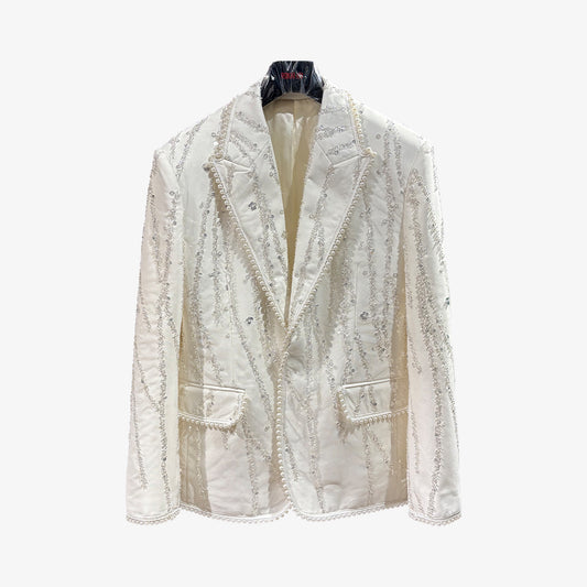 Heavy Handcrafted Pearl-Trimmed & Hand-Embellished Rhinestone Blazer