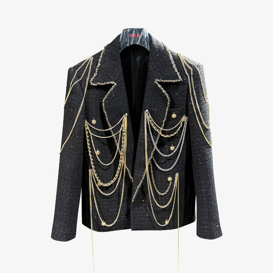 Handmade Gold Chain & Star Embellished Wool Blend Blazer