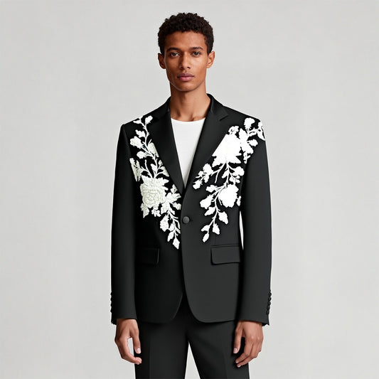 Handmade Custom-tailored Black Suit with White Floral Sequin Embroidery