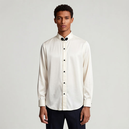 Handcrafted Single-breasted Stand-up Collar Black Embroidery Silk Long-sleeve Shirt