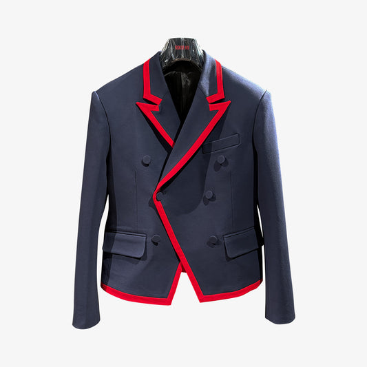 Vintage Preppy Style Navy Blue & Red Trim Color-Blocked Double-Breasted Blazer