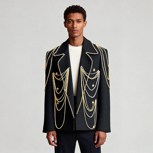 Handmade Gold Chain & Star Embellished Wool Blend Blazer