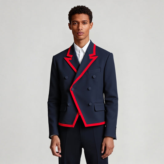 Vintage Preppy Style Navy Blue & Red Trim Color-Blocked Double-Breasted Blazer