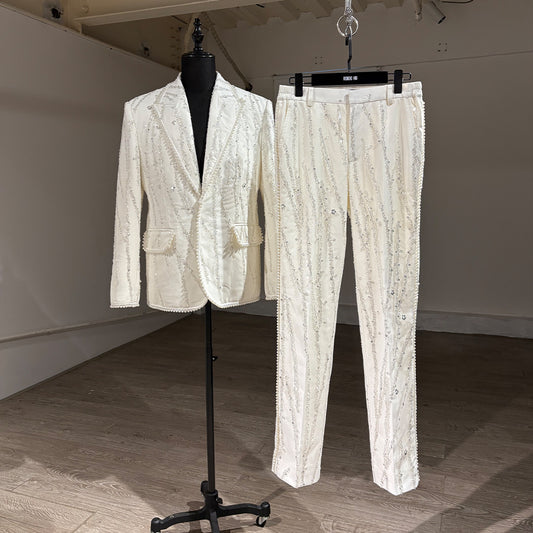 Heavy Handcrafted Pearl-Trimmed & Hand-Embellished Rhinestone Blazer